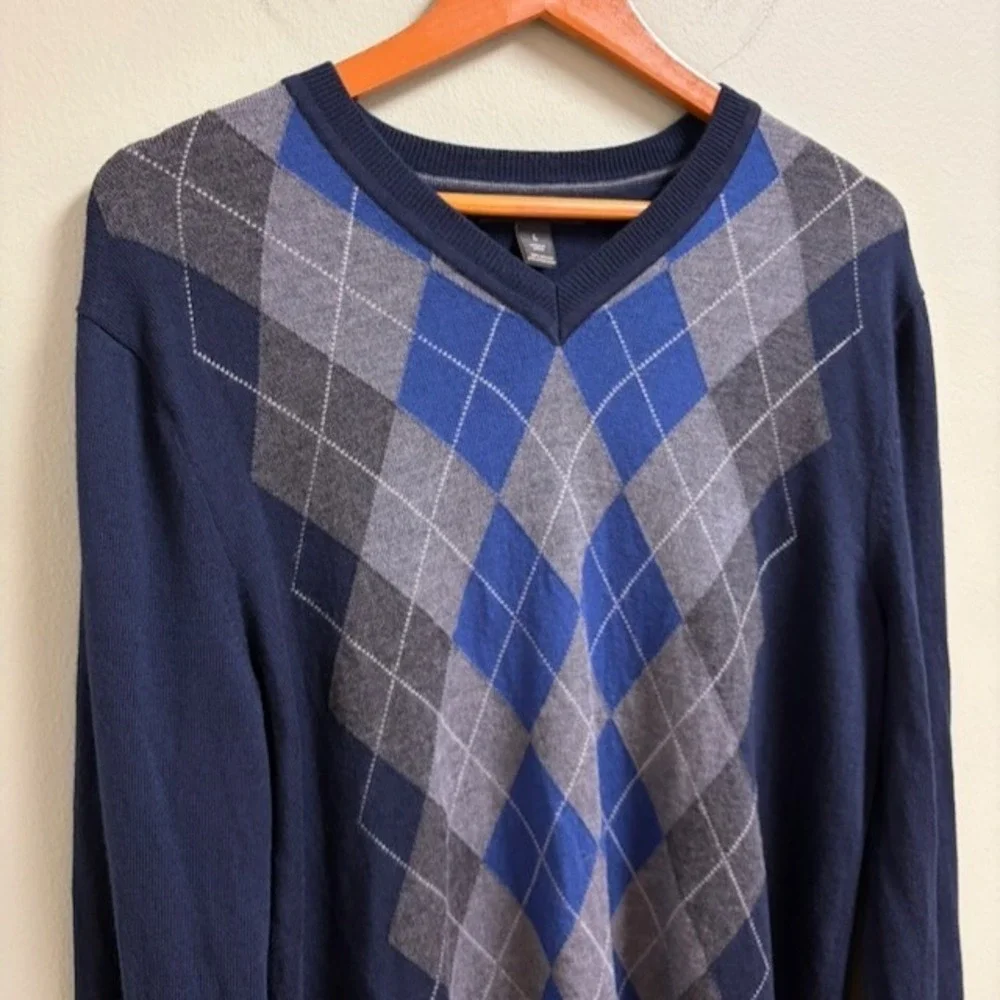 Banana Republic Mens Extra Fine Merino Wool Argyle V-Neck Sweater Preppy Navy L